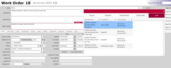 Screen shot showing the audit mode log with 4 different changes.