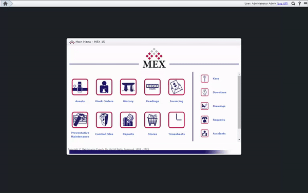 MEX MainMenu with all of the hotkeys short cuts showing.