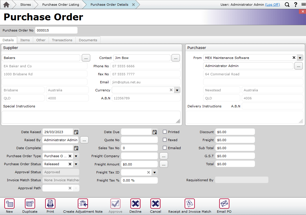 Purchase Order details